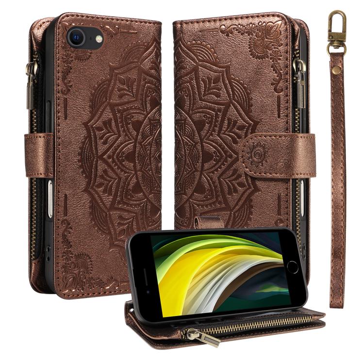 Custodia per telefono in ecopelle vegana con cerniera, protezione RFID e cordino corto, con motivo mandala in rilievo, 9 scomparti per carte e scomparto RFID., For iPhone 14 Pro Max, For iPhone SE 2022 / SE 2020, For iPhone 13 Pro Max, For iPhone 13 Pro