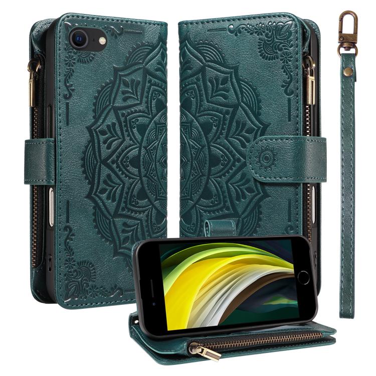 Custodia per telefono in ecopelle vegana con cerniera, protezione RFID e cordino corto, con motivo mandala in rilievo, 9 scomparti per carte e scomparto RFID., For iPhone 14 Pro Max, For iPhone SE 2022 / SE 2020, For iPhone 13 Pro Max, For iPhone 13 Pro