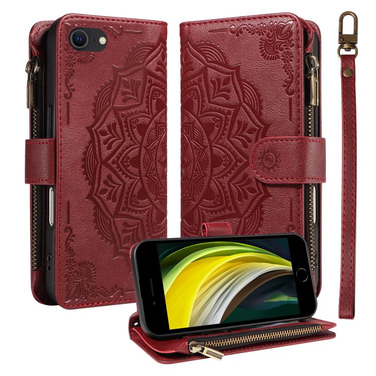 Custodia per telefono in ecopelle vegana con cerniera, protezione RFID e cordino corto, con motivo mandala in rilievo, 9 scomparti per carte e scomparto RFID., For iPhone 14 Pro Max, For iPhone SE 2022 / SE 2020, For iPhone 13 Pro Max, For iPhone 13 Pro