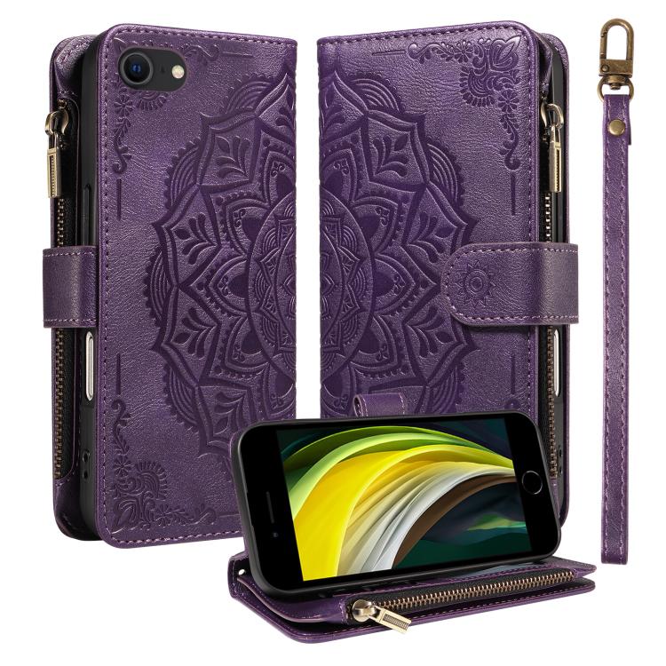 Custodia per telefono in ecopelle vegana con cerniera, protezione RFID e cordino corto, con motivo mandala in rilievo, 9 scomparti per carte e scomparto RFID., For iPhone 14 Pro Max, For iPhone SE 2022 / SE 2020, For iPhone 13 Pro Max, For iPhone 13 Pro