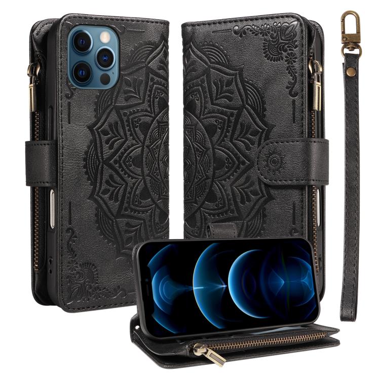 Custodia per telefono in ecopelle vegana con cerniera, protezione RFID e cordino corto, con motivo mandala in rilievo, 9 scomparti per carte e scomparto RFID., For iPhone 14 Pro Max, For iPhone SE 2022 / SE 2020, For iPhone 13 Pro Max, For iPhone 13 Pro