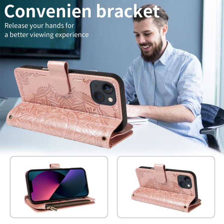 Custodia per telefono in ecopelle vegana con cerniera, protezione RFID e cordino corto, con motivo mandala in rilievo, 9 scomparti per carte e scomparto RFID., For iPhone 13, For iPhone 13 mini, For iPhone 12 / 12 Pro, For iPhone 12 Pro Max