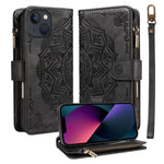 Custodia per telefono in ecopelle vegana con cerniera, protezione RFID e cordino corto, con motivo mandala in rilievo, 9 scomparti per carte e scomparto RFID., For iPhone 13, For iPhone 13 mini, For iPhone 12 / 12 Pro, For iPhone 12 Pro Max