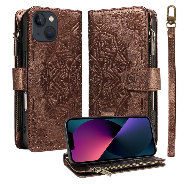 Custodia per telefono in ecopelle vegana con cerniera, protezione RFID e cordino corto, con motivo mandala in rilievo, 9 scomparti per carte e scomparto RFID., For iPhone 13, For iPhone 13 mini, For iPhone 12 / 12 Pro, For iPhone 12 Pro Max