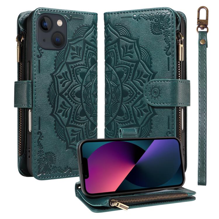 Custodia per telefono in ecopelle vegana con cerniera, protezione RFID e cordino corto, con motivo mandala in rilievo, 9 scomparti per carte e scomparto RFID., For iPhone 13, For iPhone 13 mini, For iPhone 12 / 12 Pro, For iPhone 12 Pro Max