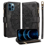 Custodia per telefono in ecopelle vegana con cerniera, protezione RFID e cordino corto, con motivo mandala in rilievo, 9 scomparti per carte e scomparto RFID., For iPhone 13, For iPhone 13 mini, For iPhone 12 / 12 Pro, For iPhone 12 Pro Max