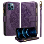 Custodia per telefono in ecopelle vegana con cerniera, protezione RFID e cordino corto, con motivo mandala in rilievo, 9 scomparti per carte e scomparto RFID., For iPhone 13, For iPhone 13 mini, For iPhone 12 / 12 Pro, For iPhone 12 Pro Max