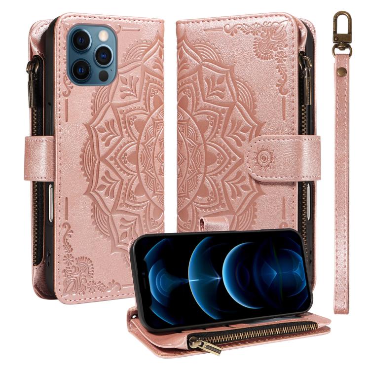 Custodia per telefono in ecopelle vegana con cerniera, protezione RFID e cordino corto, con motivo mandala in rilievo, 9 scomparti per carte e scomparto RFID., For iPhone 13, For iPhone 13 mini, For iPhone 12 / 12 Pro, For iPhone 12 Pro Max
