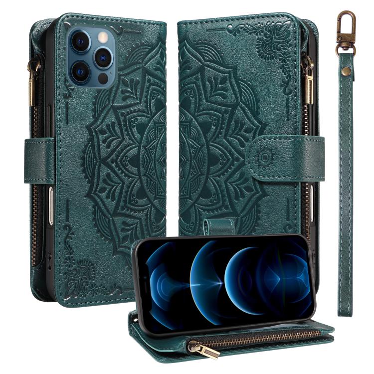Custodia per telefono in ecopelle vegana con cerniera, protezione RFID e cordino corto, con motivo mandala in rilievo, 9 scomparti per carte e scomparto RFID., For iPhone 13, For iPhone 13 mini, For iPhone 12 / 12 Pro, For iPhone 12 Pro Max