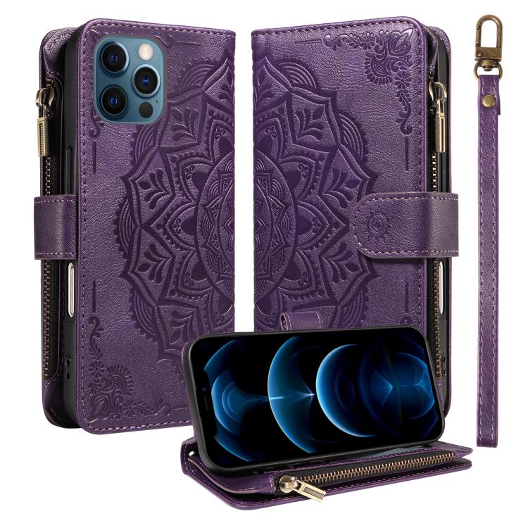 Custodia per telefono in ecopelle vegana con cerniera, protezione RFID e cordino corto, con motivo mandala in rilievo, 9 scomparti per carte e scomparto RFID., For iPhone 13, For iPhone 13 mini, For iPhone 12 / 12 Pro, For iPhone 12 Pro Max