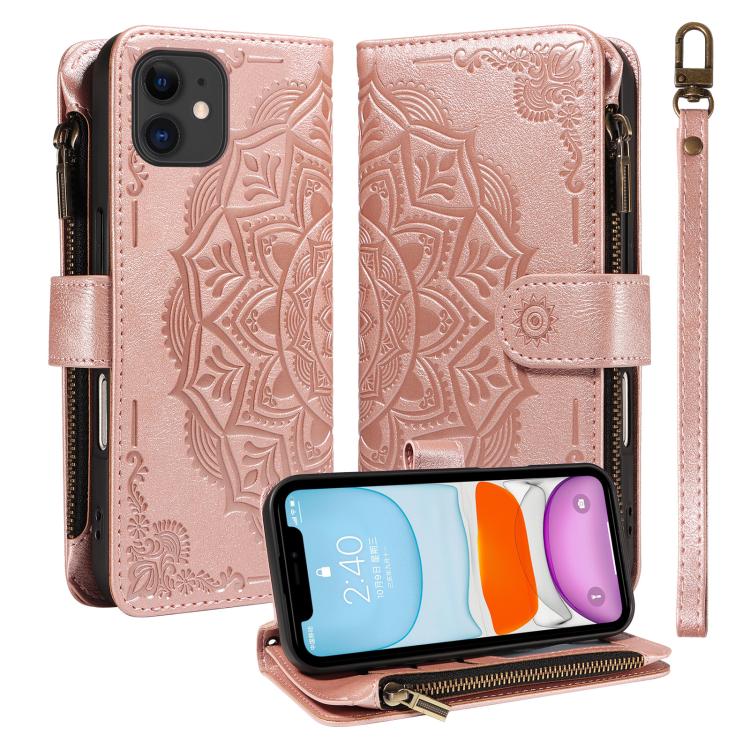 Custodia per telefono in ecopelle vegana con cerniera, protezione RFID e cordino corto, con motivo mandala in rilievo, 9 scomparti per carte e scomparto RFID., For iPhone 12 mini, For iPhone 11 Pro Max, For iPhone 11, For iPhone 11 Pro