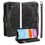 Custodia per telefono in ecopelle vegana con cerniera, protezione RFID e cordino corto, con motivo mandala in rilievo, 9 scomparti per carte e scomparto RFID., For iPhone 12 mini, For iPhone 11 Pro Max, For iPhone 11, For iPhone 11 Pro