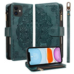 Custodia per telefono in ecopelle vegana con cerniera, protezione RFID e cordino corto, con motivo mandala in rilievo, 9 scomparti per carte e scomparto RFID., For iPhone 12 mini, For iPhone 11 Pro Max, For iPhone 11, For iPhone 11 Pro
