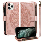 Custodia per telefono in ecopelle vegana con cerniera, protezione RFID e cordino corto, con motivo mandala in rilievo, 9 scomparti per carte e scomparto RFID., For iPhone 12 mini, For iPhone 11 Pro Max, For iPhone 11, For iPhone 11 Pro