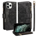 Custodia per telefono in ecopelle vegana con cerniera, protezione RFID e cordino corto, con motivo mandala in rilievo, 9 scomparti per carte e scomparto RFID., For iPhone 12 mini, For iPhone 11 Pro Max, For iPhone 11, For iPhone 11 Pro