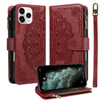 Custodia per telefono in ecopelle vegana con cerniera, protezione RFID e cordino corto, con motivo mandala in rilievo, 9 scomparti per carte e scomparto RFID., For iPhone 12 mini, For iPhone 11 Pro Max, For iPhone 11, For iPhone 11 Pro