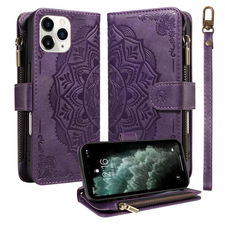 Custodia per telefono in ecopelle vegana con cerniera, protezione RFID e cordino corto, con motivo mandala in rilievo, 9 scomparti per carte e scomparto RFID., For iPhone 12 mini, For iPhone 11 Pro Max, For iPhone 11, For iPhone 11 Pro