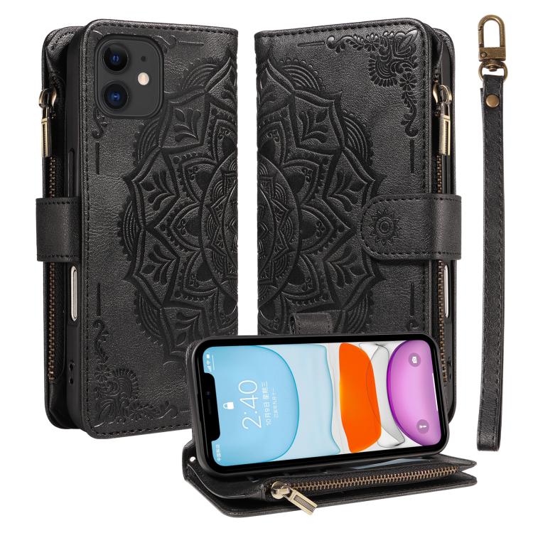 Custodia per telefono in ecopelle vegana con cerniera, protezione RFID e cordino corto, con motivo mandala in rilievo, 9 scomparti per carte e scomparto RFID., For iPhone 12 mini, For iPhone 11 Pro Max, For iPhone 11, For iPhone 11 Pro