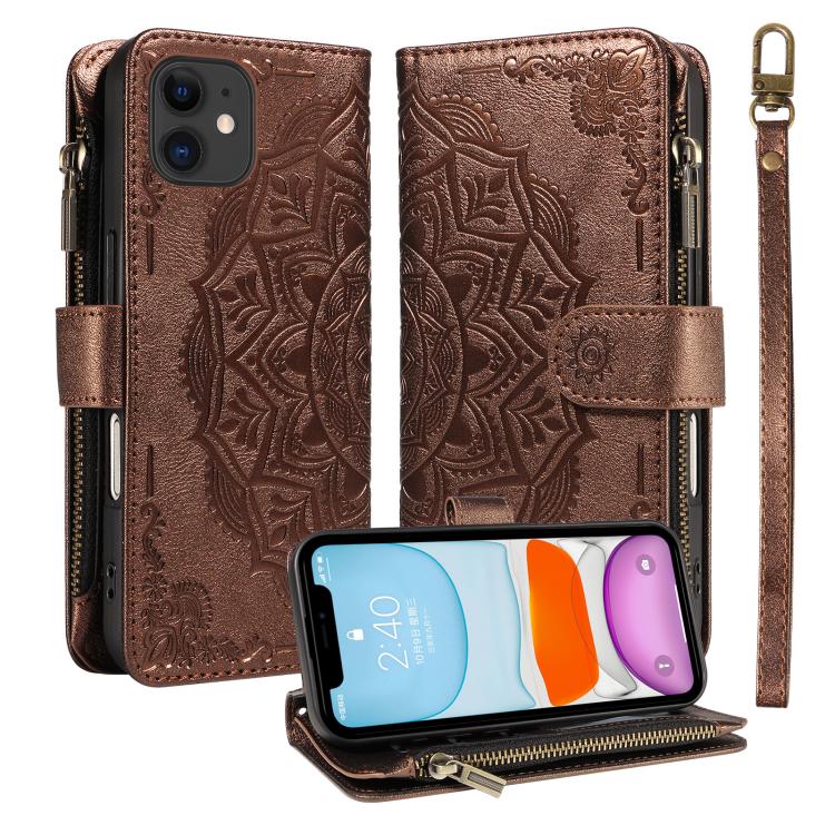 Custodia per telefono in ecopelle vegana con cerniera, protezione RFID e cordino corto, con motivo mandala in rilievo, 9 scomparti per carte e scomparto RFID., For iPhone 12 mini, For iPhone 11 Pro Max, For iPhone 11, For iPhone 11 Pro