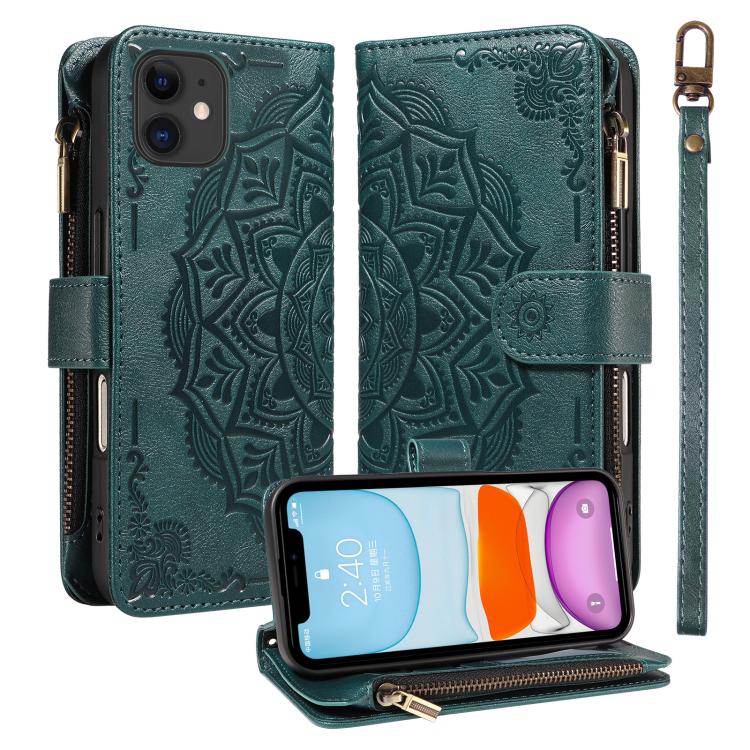 Custodia per telefono in ecopelle vegana con cerniera, protezione RFID e cordino corto, con motivo mandala in rilievo, 9 scomparti per carte e scomparto RFID., For iPhone 12 mini, For iPhone 11 Pro Max, For iPhone 11, For iPhone 11 Pro