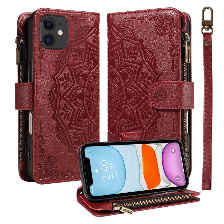 Custodia per telefono in ecopelle vegana con cerniera, protezione RFID e cordino corto, con motivo mandala in rilievo, 9 scomparti per carte e scomparto RFID., For iPhone 12 mini, For iPhone 11 Pro Max, For iPhone 11, For iPhone 11 Pro
