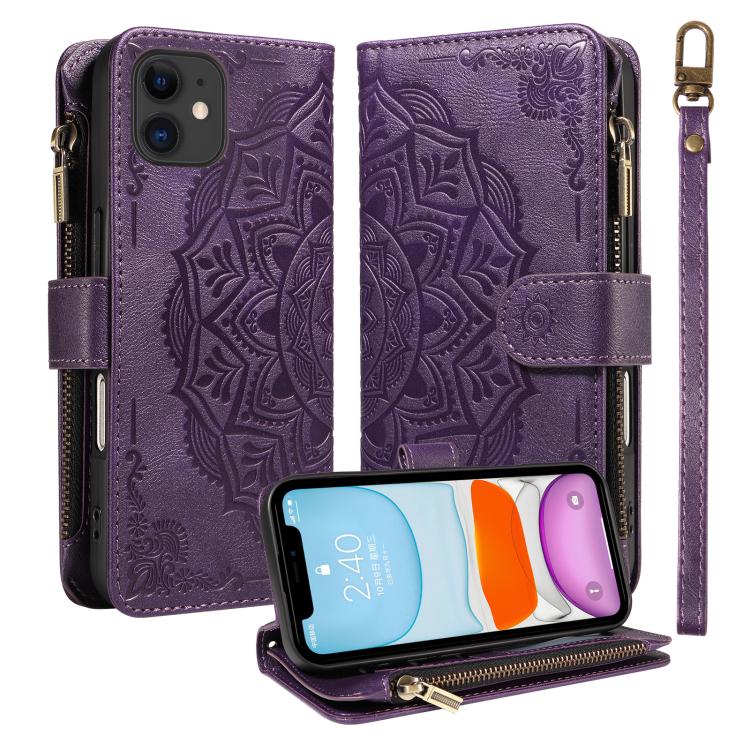 Custodia per telefono in ecopelle vegana con cerniera, protezione RFID e cordino corto, con motivo mandala in rilievo, 9 scomparti per carte e scomparto RFID., For iPhone 12 mini, For iPhone 11 Pro Max, For iPhone 11, For iPhone 11 Pro