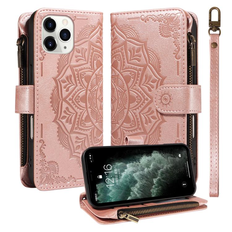 Custodia per telefono in ecopelle vegana con cerniera, protezione RFID e cordino corto, con motivo mandala in rilievo, 9 scomparti per carte e scomparto RFID., For iPhone 12 mini, For iPhone 11 Pro Max, For iPhone 11, For iPhone 11 Pro