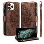 Custodia per telefono in ecopelle vegana con cerniera, protezione RFID e cordino corto, con motivo mandala in rilievo, 9 scomparti per carte e scomparto RFID., For iPhone 12 mini, For iPhone 11 Pro Max, For iPhone 11, For iPhone 11 Pro