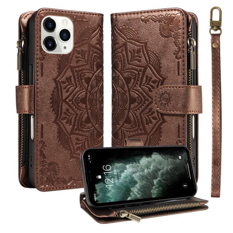 Custodia per telefono in ecopelle vegana con cerniera, protezione RFID e cordino corto, con motivo mandala in rilievo, 9 scomparti per carte e scomparto RFID., For iPhone 12 mini, For iPhone 11 Pro Max, For iPhone 11, For iPhone 11 Pro