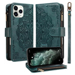 Custodia per telefono in ecopelle vegana con cerniera, protezione RFID e cordino corto, con motivo mandala in rilievo, 9 scomparti per carte e scomparto RFID., For iPhone 12 mini, For iPhone 11 Pro Max, For iPhone 11, For iPhone 11 Pro