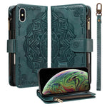 Custodia per telefono in ecopelle vegana con cerniera, protezione RFID e cordino corto, con motivo mandala in rilievo, 9 scomparti per carte e scomparto RFID., For iPhone XS / X, For iPhone XR, For iPhone XS Max