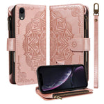 Custodia per telefono in ecopelle vegana con cerniera, protezione RFID e cordino corto, con motivo mandala in rilievo, 9 scomparti per carte e scomparto RFID., For iPhone XS / X, For iPhone XR, For iPhone XS Max