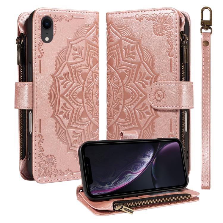 Custodia per telefono in ecopelle vegana con cerniera, protezione RFID e cordino corto, con motivo mandala in rilievo, 9 scomparti per carte e scomparto RFID., For iPhone XS / X, For iPhone XR, For iPhone XS Max