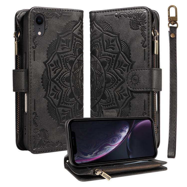 Custodia per telefono in ecopelle vegana con cerniera, protezione RFID e cordino corto, con motivo mandala in rilievo, 9 scomparti per carte e scomparto RFID., For iPhone XS / X, For iPhone XR, For iPhone XS Max