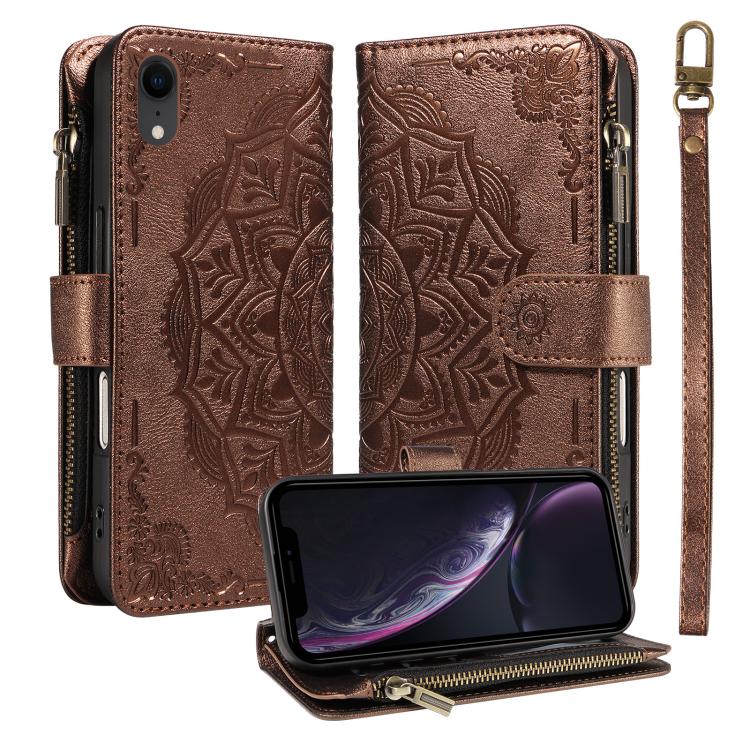 Custodia per telefono in ecopelle vegana con cerniera, protezione RFID e cordino corto, con motivo mandala in rilievo, 9 scomparti per carte e scomparto RFID., For iPhone XS / X, For iPhone XR, For iPhone XS Max