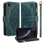 Custodia per telefono in ecopelle vegana con cerniera, protezione RFID e cordino corto, con motivo mandala in rilievo, 9 scomparti per carte e scomparto RFID., For iPhone XS / X, For iPhone XR, For iPhone XS Max