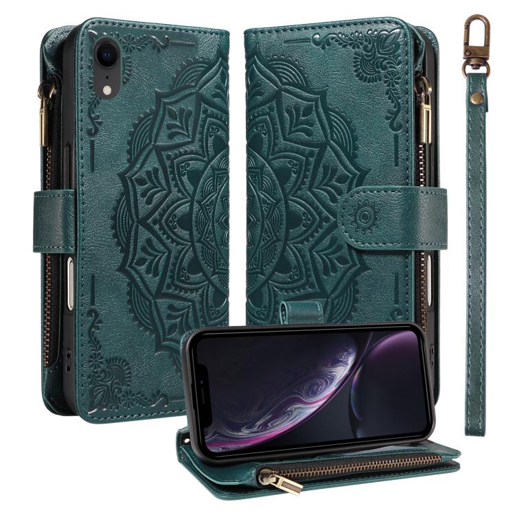 Custodia per telefono in ecopelle vegana con cerniera, protezione RFID e cordino corto, con motivo mandala in rilievo, 9 scomparti per carte e scomparto RFID., For iPhone XS / X, For iPhone XR, For iPhone XS Max