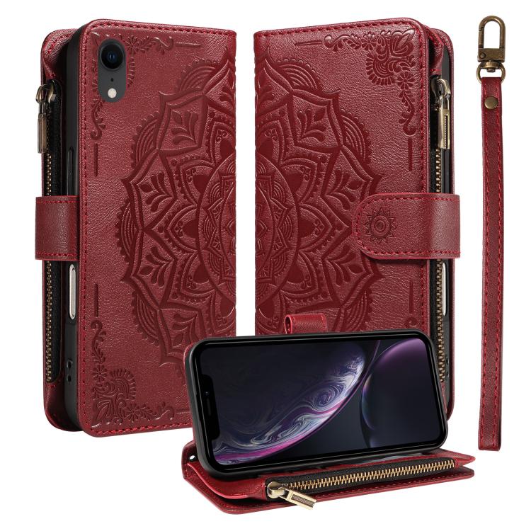 Custodia per telefono in ecopelle vegana con cerniera, protezione RFID e cordino corto, con motivo mandala in rilievo, 9 scomparti per carte e scomparto RFID., For iPhone XS / X, For iPhone XR, For iPhone XS Max