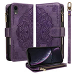Custodia per telefono in ecopelle vegana con cerniera, protezione RFID e cordino corto, con motivo mandala in rilievo, 9 scomparti per carte e scomparto RFID., For iPhone XS / X, For iPhone XR, For iPhone XS Max