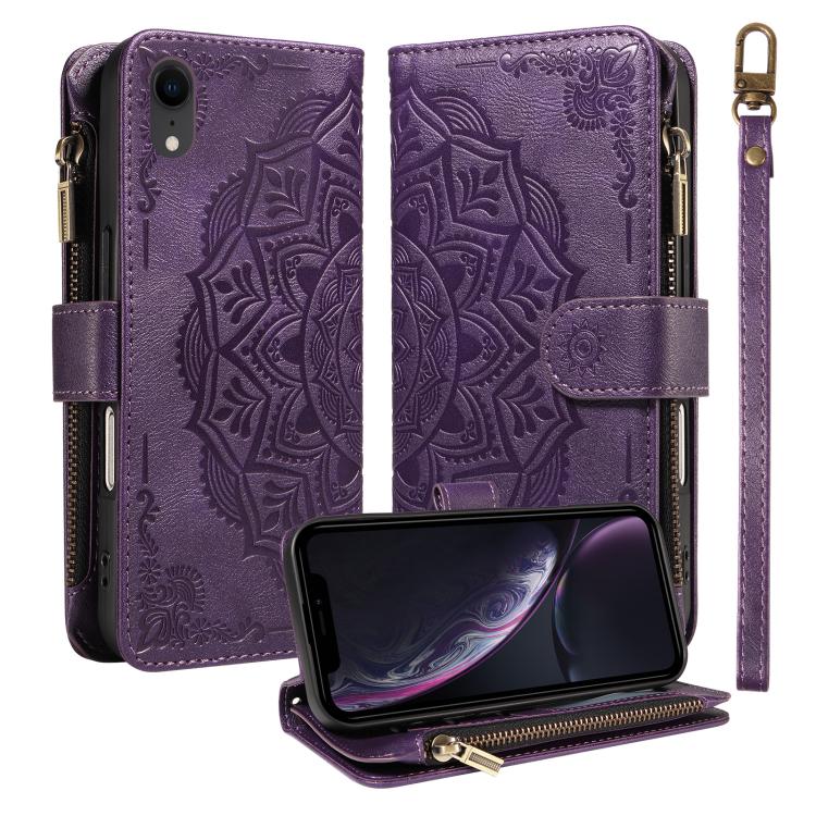 Custodia per telefono in ecopelle vegana con cerniera, protezione RFID e cordino corto, con motivo mandala in rilievo, 9 scomparti per carte e scomparto RFID., For iPhone XS / X, For iPhone XR, For iPhone XS Max