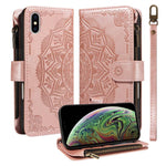 Custodia per telefono in ecopelle vegana con cerniera, protezione RFID e cordino corto, con motivo mandala in rilievo, 9 scomparti per carte e scomparto RFID., For iPhone XS / X, For iPhone XR, For iPhone XS Max