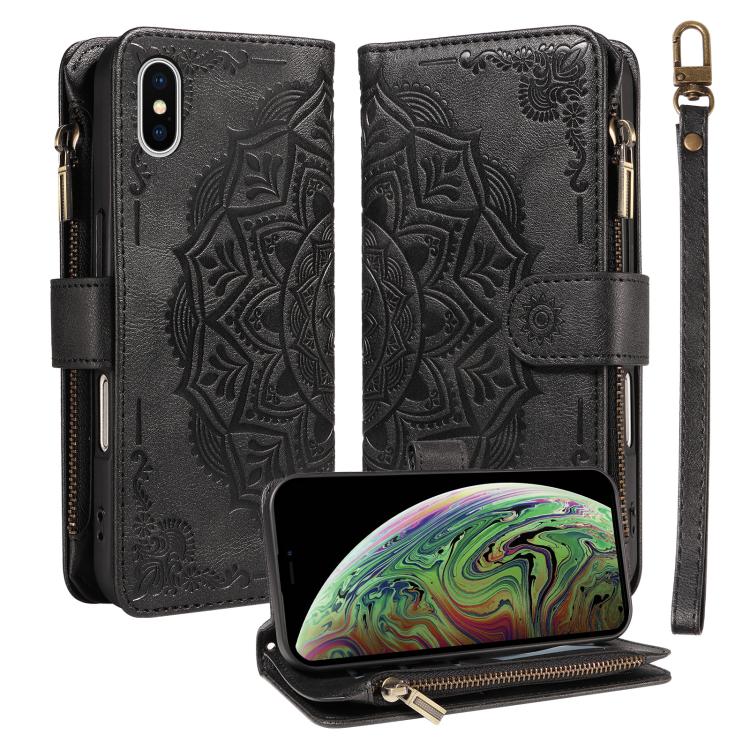 Custodia per telefono in ecopelle vegana con cerniera, protezione RFID e cordino corto, con motivo mandala in rilievo, 9 scomparti per carte e scomparto RFID., For iPhone XS / X, For iPhone XR, For iPhone XS Max