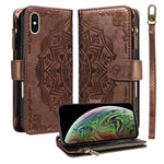 Custodia per telefono in ecopelle vegana con cerniera, protezione RFID e cordino corto, con motivo mandala in rilievo, 9 scomparti per carte e scomparto RFID., For iPhone XS / X, For iPhone XR, For iPhone XS Max