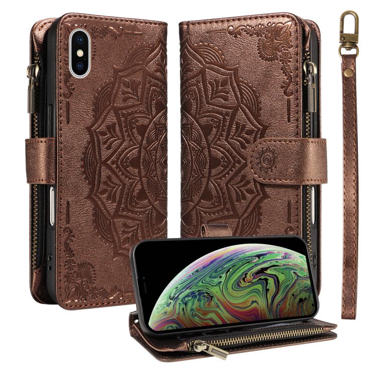 Custodia per telefono in ecopelle vegana con cerniera, protezione RFID e cordino corto, con motivo mandala in rilievo, 9 scomparti per carte e scomparto RFID., For iPhone XS / X, For iPhone XR, For iPhone XS Max