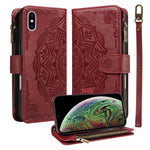 Custodia per telefono in ecopelle vegana con cerniera, protezione RFID e cordino corto, con motivo mandala in rilievo, 9 scomparti per carte e scomparto RFID., For iPhone XS / X, For iPhone XR, For iPhone XS Max