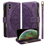 Custodia per telefono in ecopelle vegana con cerniera, protezione RFID e cordino corto, con motivo mandala in rilievo, 9 scomparti per carte e scomparto RFID., For iPhone XS / X, For iPhone XR, For iPhone XS Max