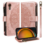 Custodia per telefono in ecopelle vegana con cerniera, protezione RFID e cordino corto, con motivo mandala in rilievo, 9 scomparti per carte e scomparto RFID., For Samsung Galaxy XCover7 5G Global