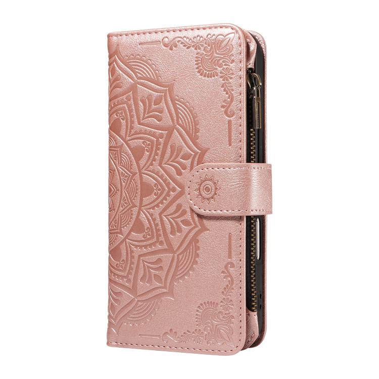Custodia per telefono in ecopelle vegana con cerniera, protezione RFID e cordino corto, con motivo mandala in rilievo, 9 scomparti per carte e scomparto RFID., For Samsung Galaxy XCover7 5G Global
