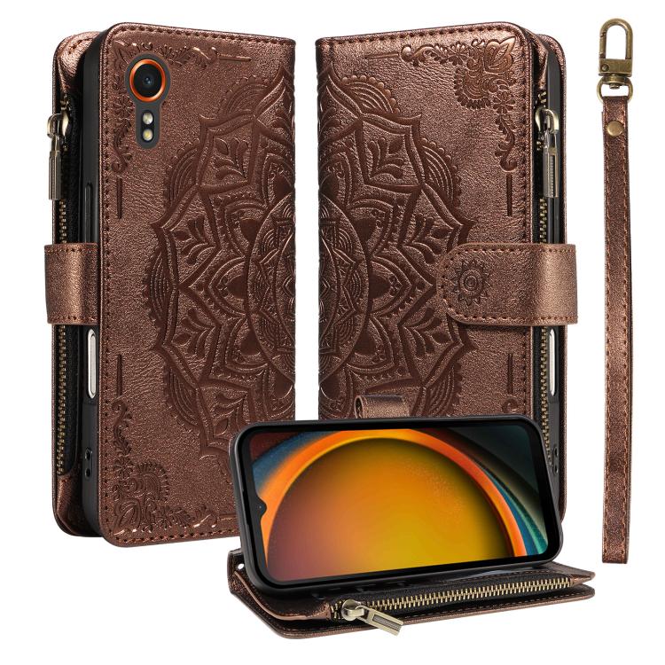 Custodia per telefono in ecopelle vegana con cerniera, protezione RFID e cordino corto, con motivo mandala in rilievo, 9 scomparti per carte e scomparto RFID., For Samsung Galaxy XCover7 5G Global