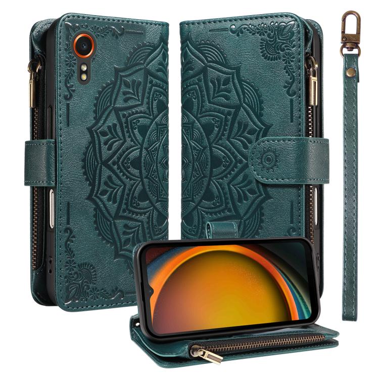 Custodia per telefono in ecopelle vegana con cerniera, protezione RFID e cordino corto, con motivo mandala in rilievo, 9 scomparti per carte e scomparto RFID., For Samsung Galaxy XCover7 5G Global